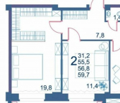 2-комн, 60кв м, этаж 2/9 улица Шмидта, 82