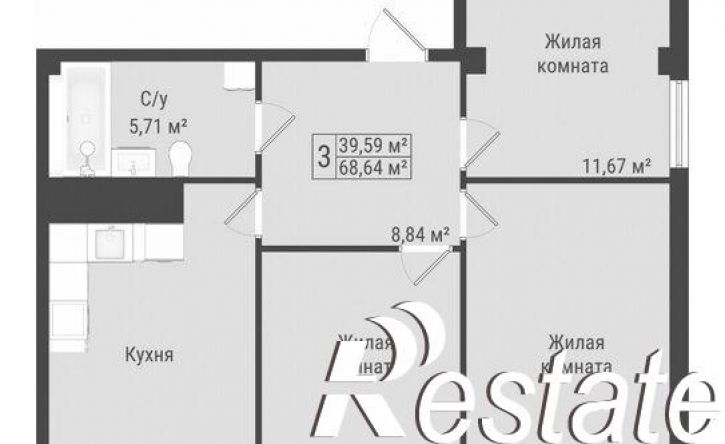 3-комн квартира в новом доме Октябрьская улица, 190Б,  д. 190Б